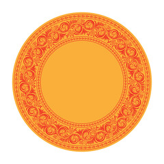 Russian traditional circular pattern. Bright red pattern of leaves and blades of grass on a yellow background.