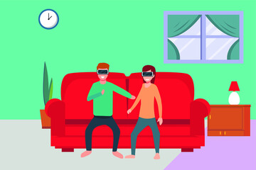 Watching movie vector concept: Young couple watching movie together while wearing virtual reality glasses and sitting on the sofa at home