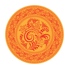 Russian traditional circular pattern. Bright red pattern of leaves and blades of grass on a yellow background.