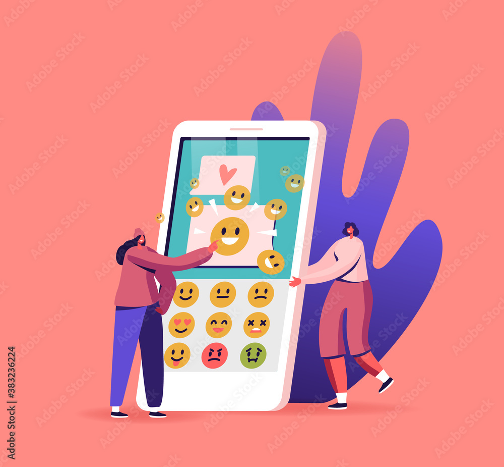 Poster female characters sending text messages by mobile phone. tiny women at huge smartphone with applicat