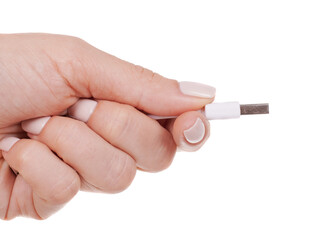 Hand with USB cable, connection wire. Isolated on white background.