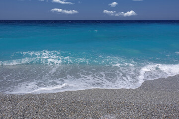 Paradise beach of Lalaria in Skiathos island on a slight cloudy morning, Sporades, Greece