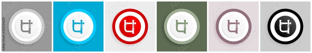 Poster pipeline, tube, pipe and industrial icon set, colorful flat design vector illustrations in 6 options