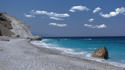 Paradise beach of Lalaria in Skiathos island on a slight cloudy morning, Sporades, Greece