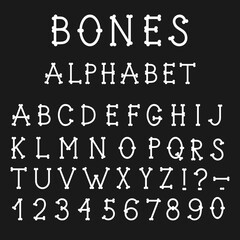 Alphabet. Capital letters and numbers made of bones on a black background. Uppercase letters made with round endings. Vector illustration in flat style