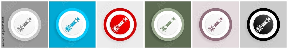 Poster coronavirus vaccine, injection icon set, colorful flat design vector illustrations in 6 options for 