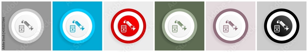 Poster Vaccine, syringe icon set, colorful flat design vector illustrations in 6 options for web design and mobile applications