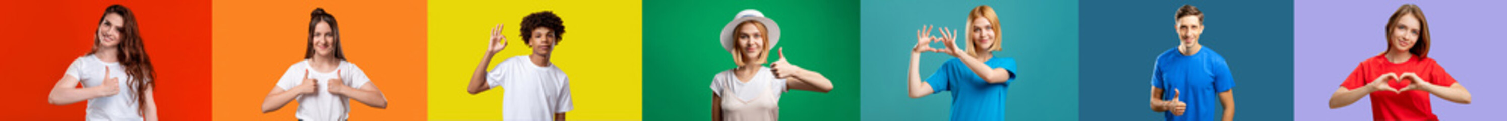 Fototapeta premium Portrait mosaic. Supportive gesture collage. Row group of cheerful enthusiastic diverse multiethnic people in colorful t-shirts showing admiration sympathy compassion isolated on bright background.