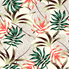 Fototapeta premium Trending tropical seamless pattern with plants and leaves. Summer background with exotic leaves. Exotic wallpaper, Hawaiian style. Vector background for various surface. Jungle leaves.