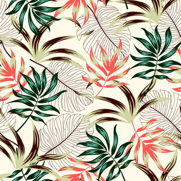 Trending tropical seamless pattern with plants and leaves. Summer background with exotic leaves. Exotic wallpaper, Hawaiian style. Vector background for various surface. Jungle leaves.