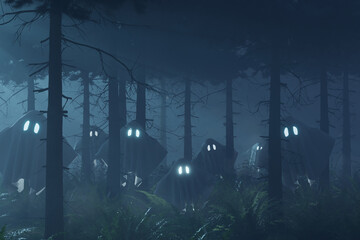 umherfliegende Gespenster im düsteren Wald in der Nacht. 3D Rendering