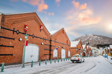 Cityscape of the historic red brick warehouses  at twilight in Hakodate Hokkaido Japan in winter