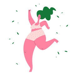 Plus size body girl dancing. Positive cheerful woman dancer in underwear. People beauty, fat and weight acceptance. Self confidence concept drawing. Vector flat illustration.