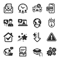 Fototapeta premium Set of Technology icons, such as Hold box, Scroll down, Car leasing symbols. Cogwheel, Global business, Repairman signs. Corrupted file, Meeting time, Medical help. Reject letter. Vector
