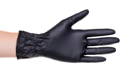 Hand with black latex gloves, isolated on white background.