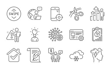 Seo phone, Feather and Scissors line icons set. Coronavirus, Education and Report signs. Mindfulness stress, Web settings and Employee results symbols. Swipe up, Snow weather and Teamwork. Vector