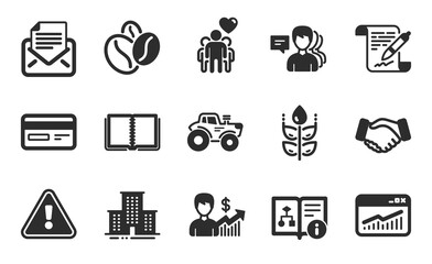 People, Gluten free and Friendship icons simple set. Website statistics, University campus and Book signs. Business growth, Agreement document and Credit card symbols. Flat icons set. Vector
