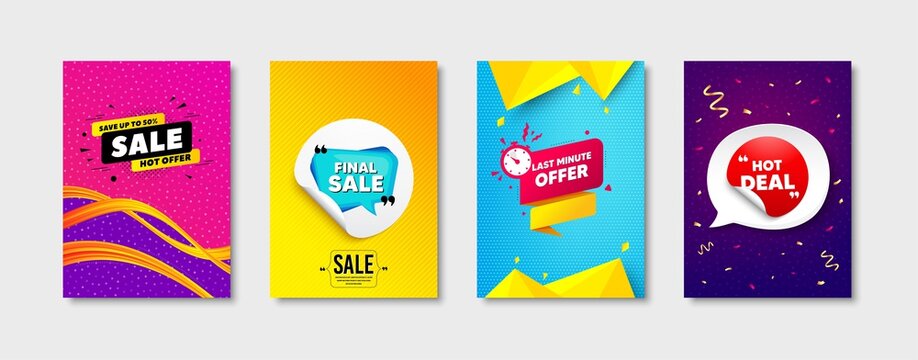Final sale, Last minute offer and Hot deal set. Sticker template layout. Final discount sign. Sale offer, discount sticker, save 50 percent banner. Promotional tag set. Speech bubble banner. Vector
