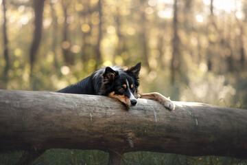 the dog looks out. Curious pet. funny Border Collie outdoors