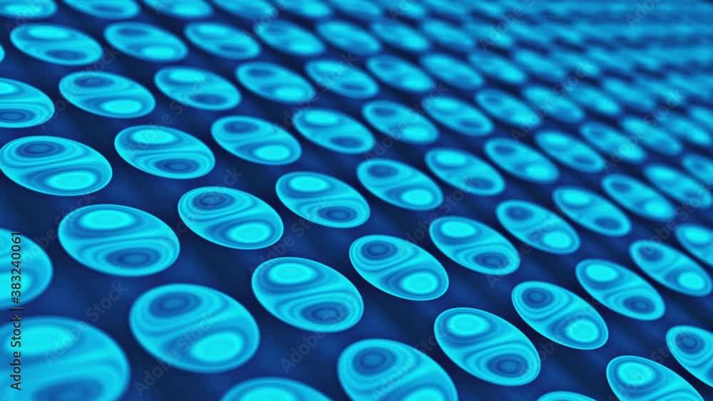 Poster seamless loop motion of small electronic light blue circles on dark blue background. 4k 3d rendering