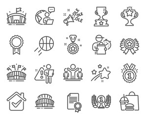Sports icons set. Included icon as Arena, Sports stadium, Certificate signs. Victory, Reward, Winner cup symbols. Laureate award, Ole chant, Sports arena. Winner, Basketball, Approved. Vector