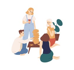 Funny family or relatives playing jenga together vector flat illustration. Parents and children build tower with wooden blocks isolated on white. People enjoying board game sitting on floor at home
