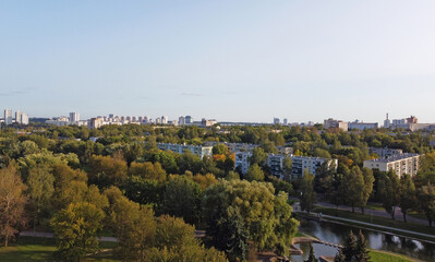 Top view of the city summer park with a pond. 01 October 2020, Minsk Belarus
