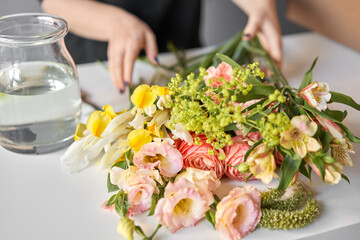 Bouquet 005, step by step installation of flowers in a vase. Flowers bunch, set for home. Fresh cut flowers for decoration home. European floral shop. Delivery fresh cut flower.