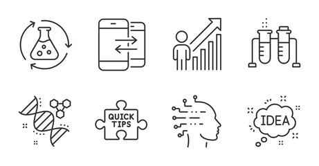 Quick tips, Idea and Artificial intelligence line icons set. Chemistry dna, Phone communication and Chemistry beaker signs. Employee result symbol. Quality line icons. Quick tips badge. Vector