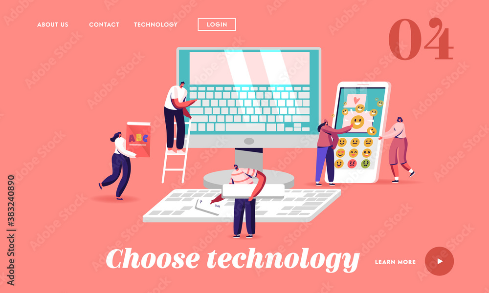 Poster typing, education and technology landing page template. tiny characters at huge computer monitor wit