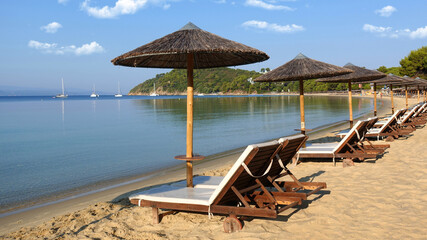 Beautiful paradise sandy beach of Koukounaries as seen in early morning without anyone, Skiathos island, Sporades, Greece