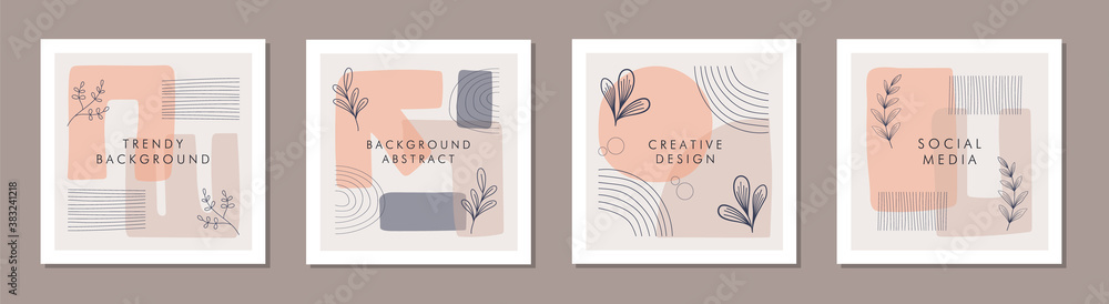 Wall mural abstract trendy colorful organic shapes and lines with floral square frame template concepts.
