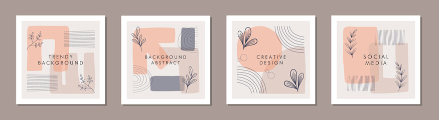 Abstract trendy colorful organic shapes and lines with floral square frame template concepts.