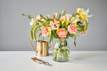 Bouquet 005, step by step installation of flowers in a vase. Flowers bunch, set for home. Fresh cut flowers for decoration home. European floral shop. Delivery fresh cut flower.