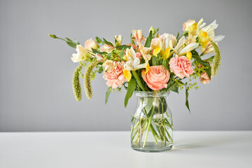 Bouquet 005, step by step installation of flowers in a vase. Flowers bunch, set for home. Fresh cut flowers for decoration home. European floral shop. Delivery fresh cut flower.