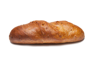 Loaf of sunflower bread with seeds on crust isolated on white