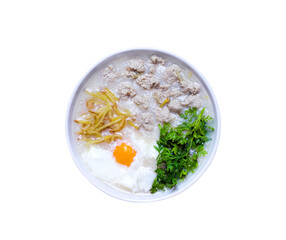 Top view rice porridge with egg , pork ang ginger isolated on white background , food clipping path