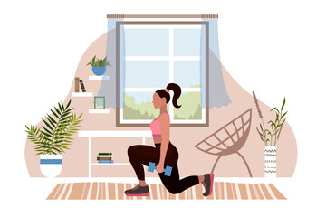 The woman goes in for sports at home. Girl squats in flat style. Vector stock illustration.