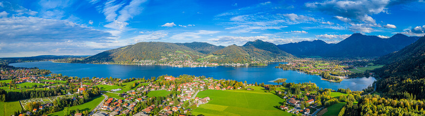 Tegernsee lake in the Bavarian Alps. Aerial Panorama. Autumn. Germany