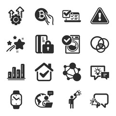 Obraz premium Set of Technology icons, such as Euler diagram, Online survey, Idea lamp symbols. Megaphone, Washing machine, Blocked card signs. Seo gear, Brand ambassador, Integrity. Smartwatch. Vector