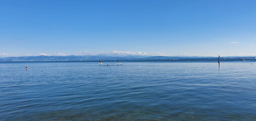 Friedrichshafen Germany July 2020 Lake Constance with view to the mountains and water sports activities