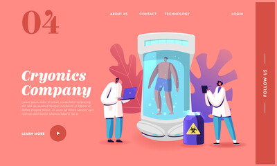 Cryonics Technology, Cryoconservation Landing Page Template. Scientists Characters at Capsule with Frozen Human Body