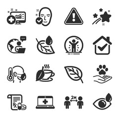 Set of Healthcare icons, such as Eye drops, Health skin, Leaf symbols. Medical prescription, Mint tea, Medical analytics signs. Pets care, Recovered person, Leaf dew. Sick man flat icons. Vector