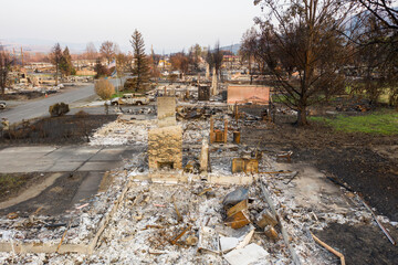 Aerial view of burned down houses from the 2020 Almeda wildfire in Southern Oregon, USA
