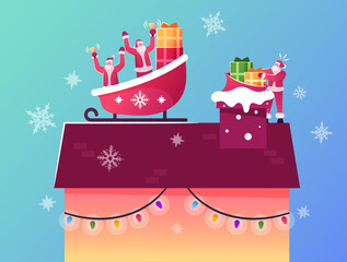 Santa Claus Characters Sitting in Reindeer Sledge on House Roof Throw Gifts Way Down to Chimney. Winter Time Holidays