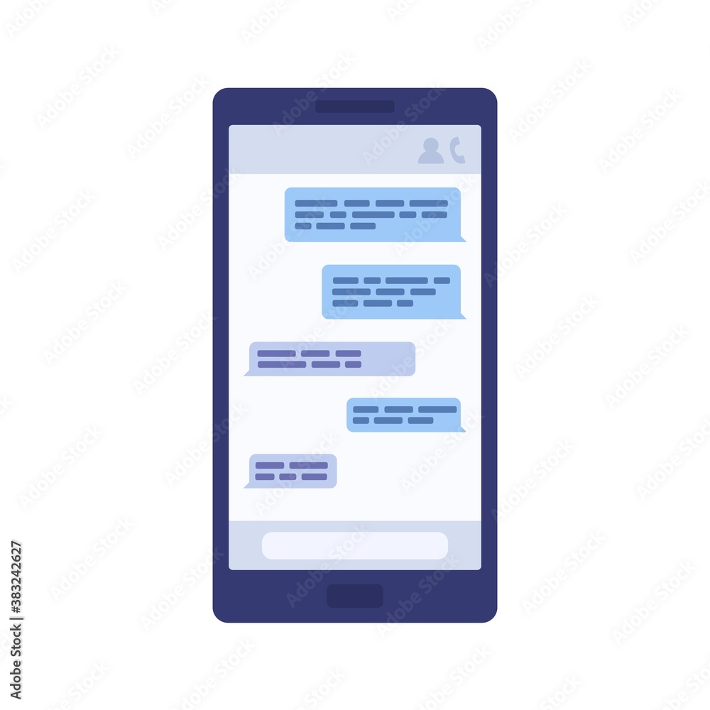 Poster display of smartphone with message chat vector flat illustration. screen of mobile phone with messen