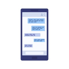 Display of smartphone with message chat vector flat illustration. Screen of mobile phone with messenger application isolated on white. Modern digital device with online dialogue or communication