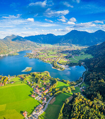 Tegernsee lake in the Bavarian Alps. Aerial Panorama. Autumn. Germany