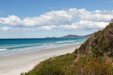 Fototapeta na wymiar Denison Rivulet Conservation Area is a beautiful white sandy beach on the east coast of Tasmania along the Tasman highway. 