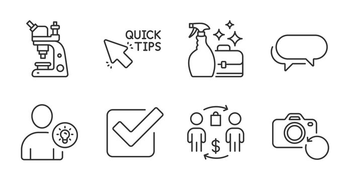 User idea, Buying process and Messenger line icons set. Checkbox, Quick tips and Cleanser spray signs. Microscope, Recovery photo symbols. Light bulb, Supermarket bag, Speech bubble. Vector